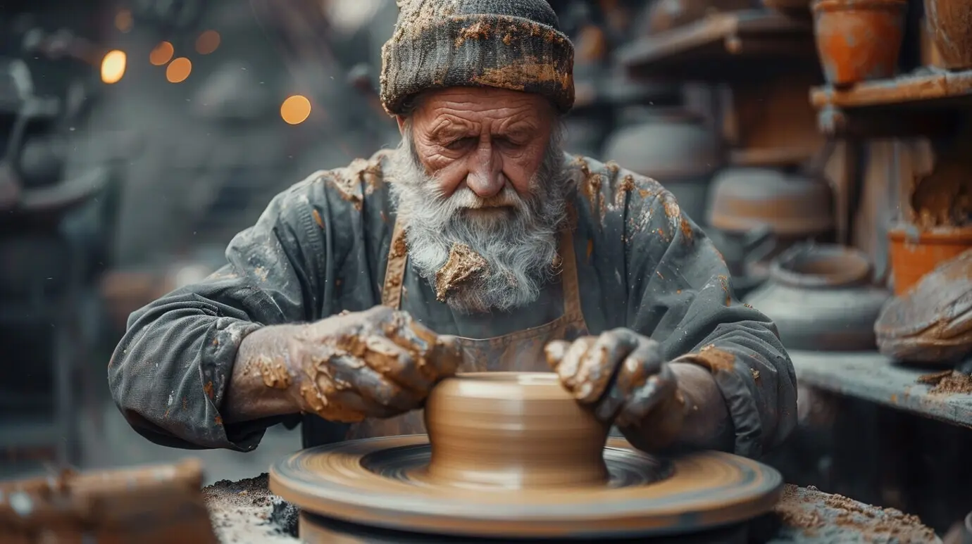Porträt eines Mannes bei der Arbeit an Steinzeugkeramik.