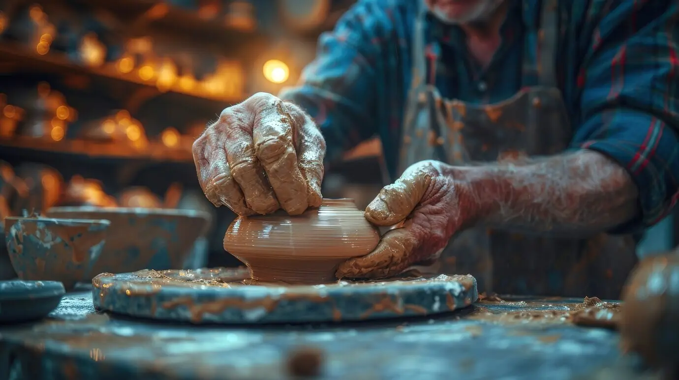 Porträt eines Mannes, der in einer Töpferwerkstatt Steinzeug bearbeitet.